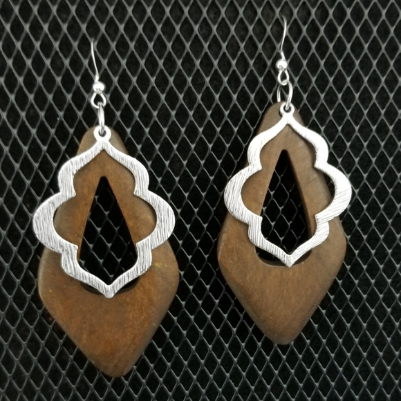 Wood Earring with Silver Frame Overlay - Picture 1 of 5